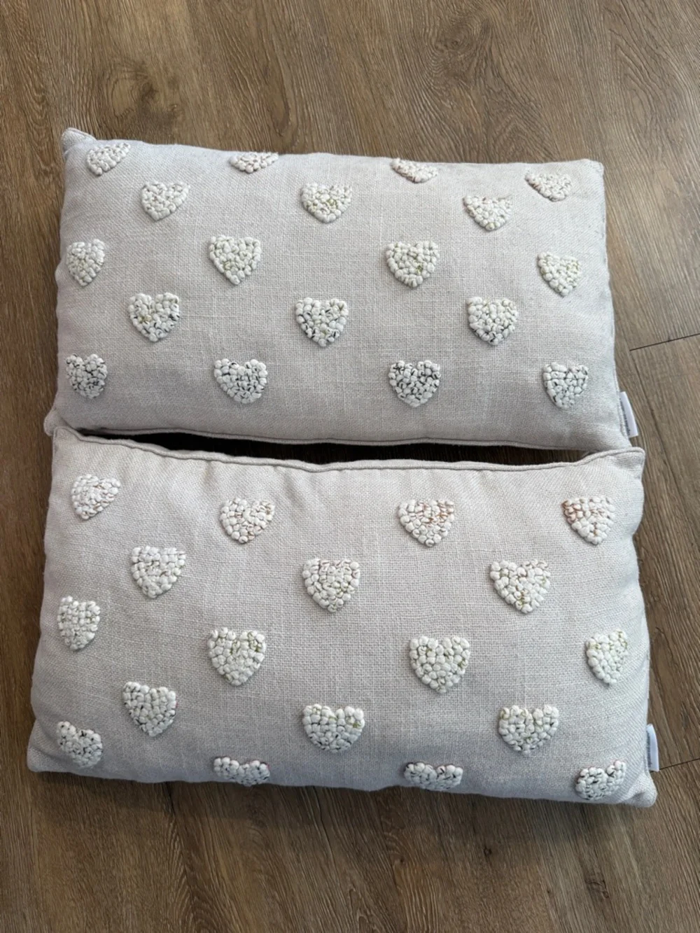 Cupcakes & Cashmere Blush Pink Cream Knitted Embroidered Heart Throw Pillow Pair